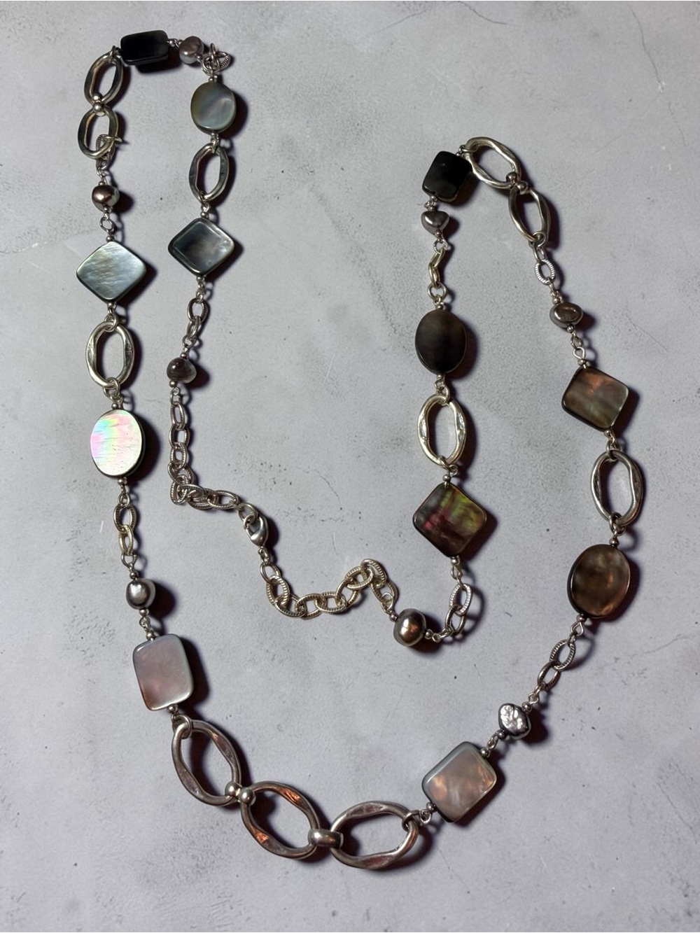 Long Silver-Link Necklace with Iridescent Black Mother-of-Pearl Accents